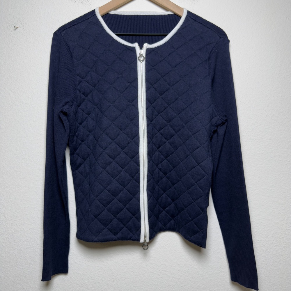 Lauren Ralph Lauren Women Sweater M Blue Preppy Quilted Zip Rib Knit Nautical
